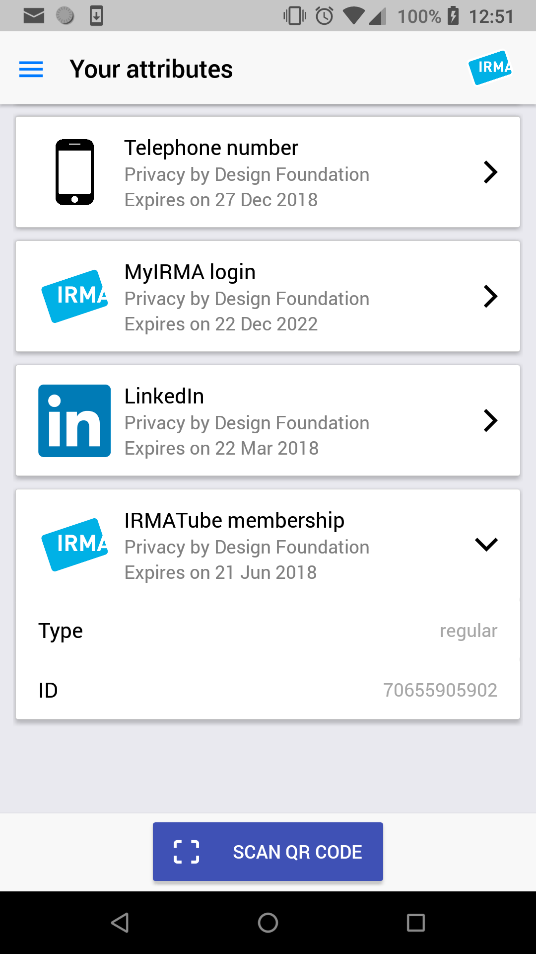 Screenshot of the IRMA app on Android, showing the 'Your Attributes' screen with four credentials.